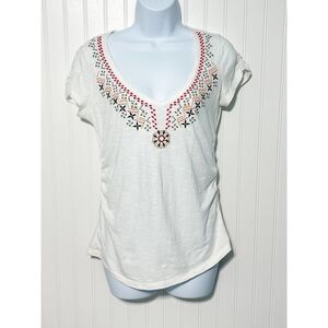 Athleta T-Shirt V-Neck Embroidered Stitching Short Sleeve Tee Shirt‎ White XS